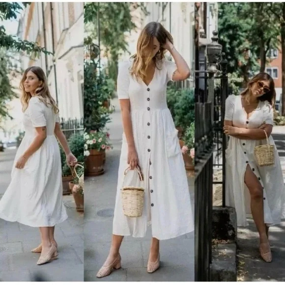 ZARA White Linen Button Down Dress with Pockets // XS - Picture 1 of 9